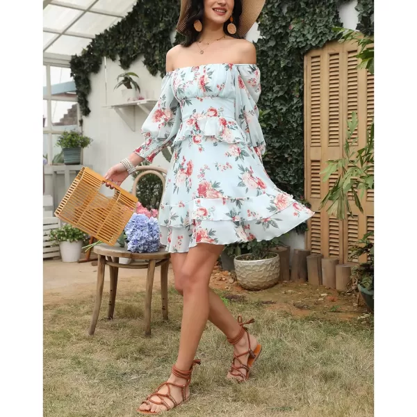 EXLURA Womens Floral Ruffle Sun Dress Sundress Tiered Square Neck Long Sleeve Off Shoulder Smocked Skater Mini Dress