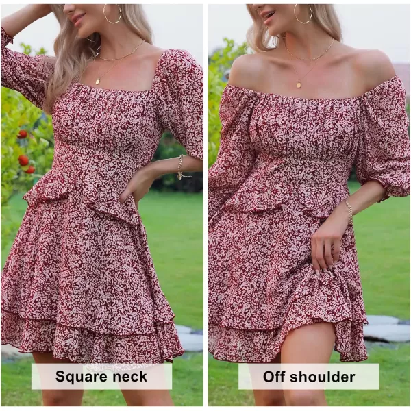 EXLURA Womens Floral Ruffle Sun Dress Sundress Tiered Square Neck Long Sleeve Off Shoulder Smocked Skater Mini Dress