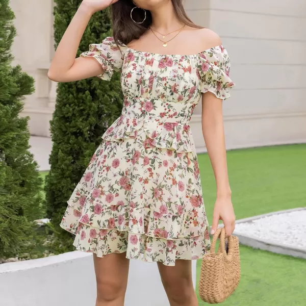EXLURA Womens Floral Ruffle Sun Dress Sundress Tiered Square Neck Long Sleeve Off Shoulder Smocked Skater Mini Dress