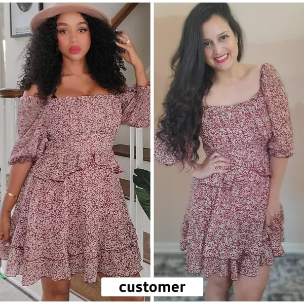 EXLURA Womens Floral Ruffle Sun Dress Sundress Tiered Square Neck Long Sleeve Off Shoulder Smocked Skater Mini Dress