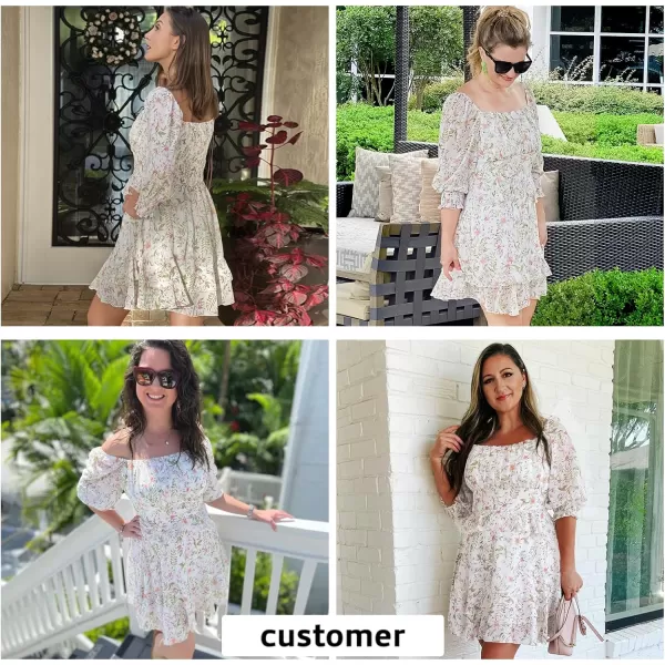 EXLURA Womens Floral Ruffle Sun Dress Sundress Tiered Square Neck Long Sleeve Off Shoulder Smocked Skater Mini Dress