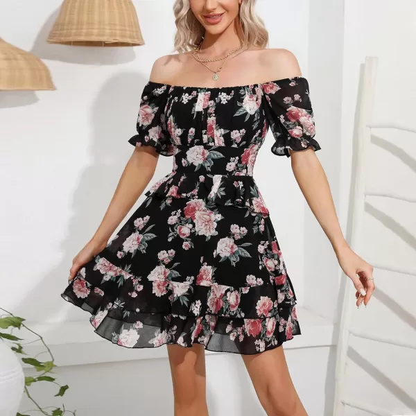 EXLURA Womens Floral Ruffle Sun Dress Sundress Tiered Square Neck Long Sleeve Off Shoulder Smocked Skater Mini Dress