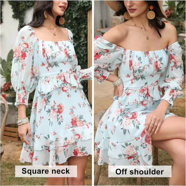 EXLURA Womens Floral Ruffle Sun Dress Sundress Tiered Square Neck Long Sleeve Off Shoulder Smocked Skater Mini Dress