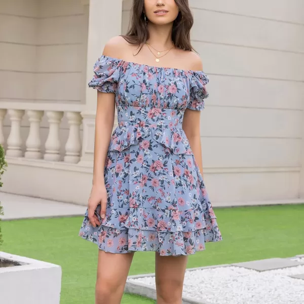 EXLURA Womens Floral Ruffle Sun Dress Sundress Tiered Square Neck Long Sleeve Off Shoulder Smocked Skater Mini Dress