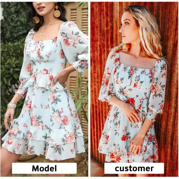 EXLURA Womens Floral Ruffle Sun Dress Sundress Tiered Square Neck Long Sleeve Off Shoulder Smocked Skater Mini Dress