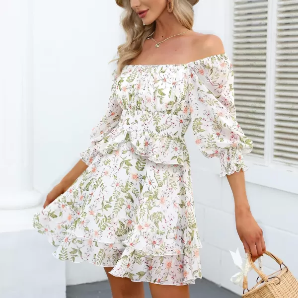 EXLURA Womens Floral Ruffle Sun Dress Sundress Tiered Square Neck Long Sleeve Off Shoulder Smocked Skater Mini Dress
