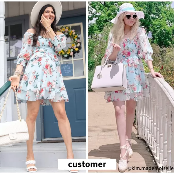 EXLURA Womens Floral Ruffle Sun Dress Sundress Tiered Square Neck Long Sleeve Off Shoulder Smocked Skater Mini Dress