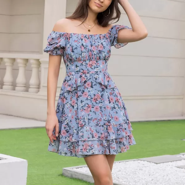 EXLURA Womens Floral Ruffle Sun Dress Sundress Tiered Square Neck Long Sleeve Off Shoulder Smocked Skater Mini Dress