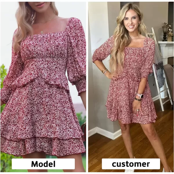 EXLURA Womens Floral Ruffle Sun Dress Sundress Tiered Square Neck Long Sleeve Off Shoulder Smocked Skater Mini Dress