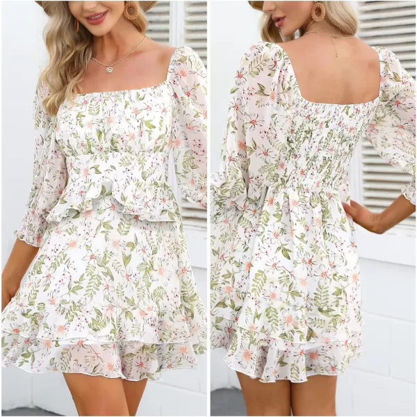 EXLURA Womens Floral Ruffle Sun Dress Sundress Tiered Square Neck Long Sleeve Off Shoulder Smocked Skater Mini Dress