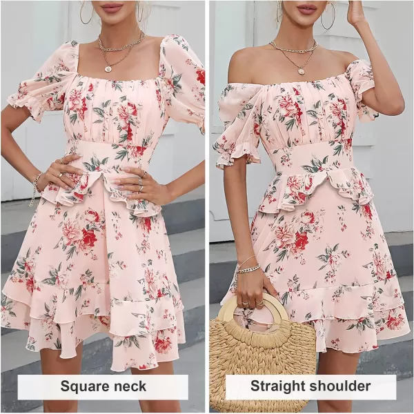 EXLURA Womens Floral Ruffle Sun Dress Sundress Tiered Square Neck Long Sleeve Off Shoulder Smocked Skater Mini Dress