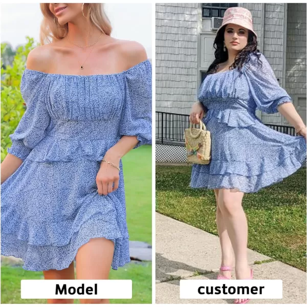 EXLURA Womens Floral Ruffle Sun Dress Sundress Tiered Square Neck Long Sleeve Off Shoulder Smocked Skater Mini Dress