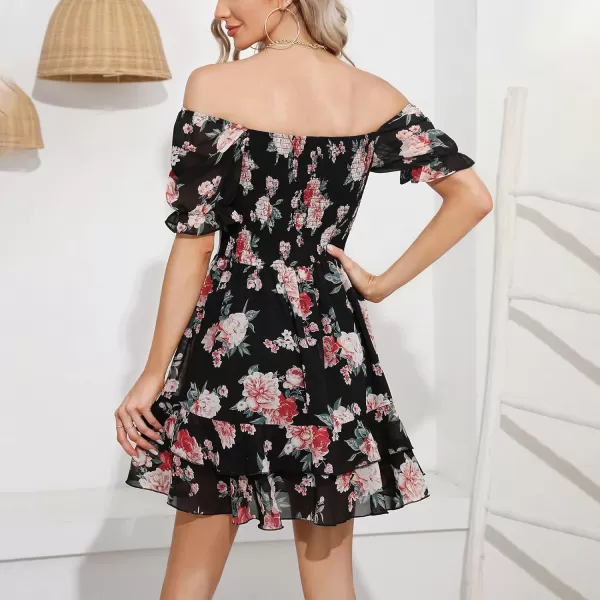 EXLURA Womens Floral Ruffle Sun Dress Sundress Tiered Square Neck Long Sleeve Off Shoulder Smocked Skater Mini Dress