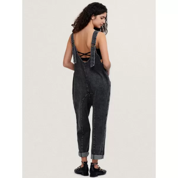 EXLURA Womens High Roller Denim Bib Jumpsuits Casual Loose Sleeveless Baggy Overalls Jeans Pants Jumpers with Pockets