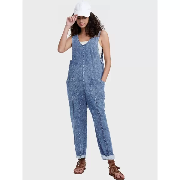 EXLURA Womens High Roller Denim Bib Jumpsuits Casual Loose Sleeveless Baggy Overalls Jeans Pants Jumpers with Pockets