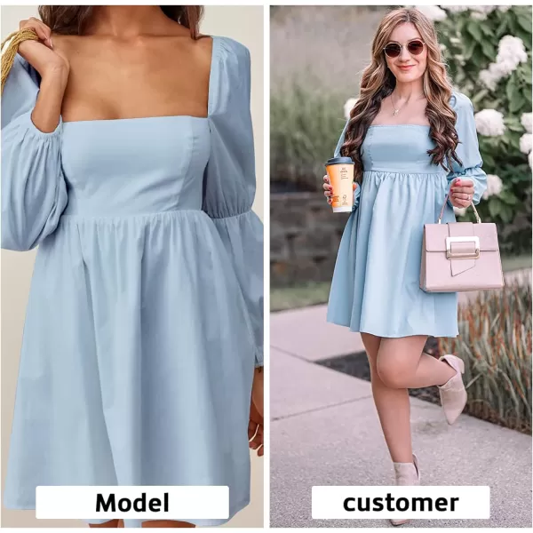 EXLURA Womens Square Neck Dress Long Puff Sleeve A-Line Casual Short Mini Dress