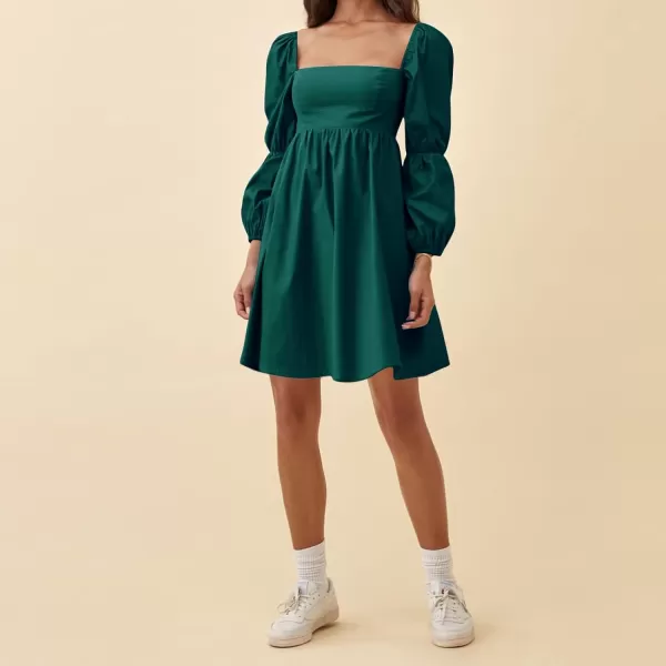 EXLURA Womens Square Neck Dress Long Puff Sleeve A-Line Casual Short Mini Dress