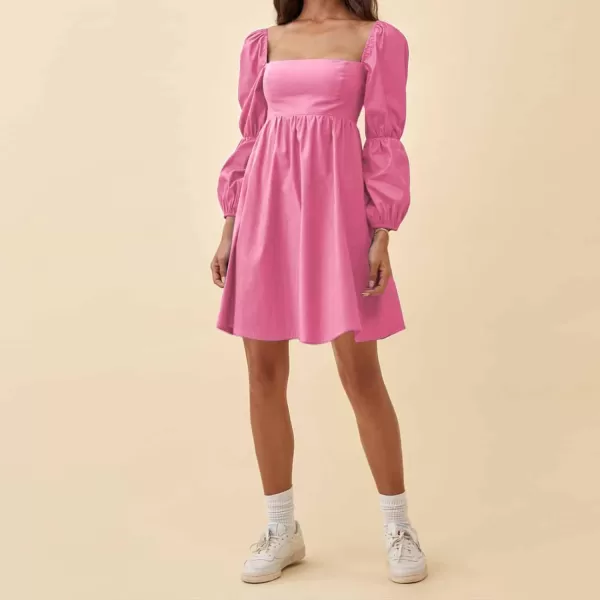 EXLURA Womens Square Neck Dress Long Puff Sleeve A-Line Casual Short Mini Dress