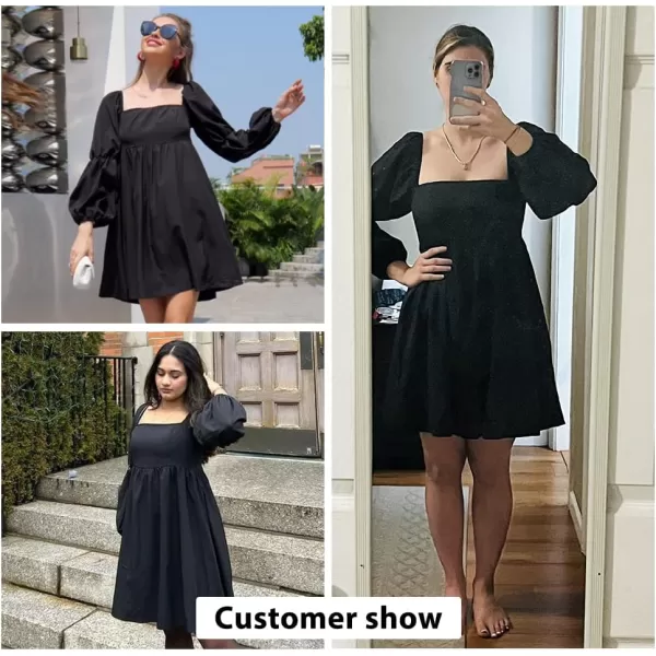 EXLURA Womens Square Neck Dress Long Puff Sleeve A-Line Casual Short Mini Dress
