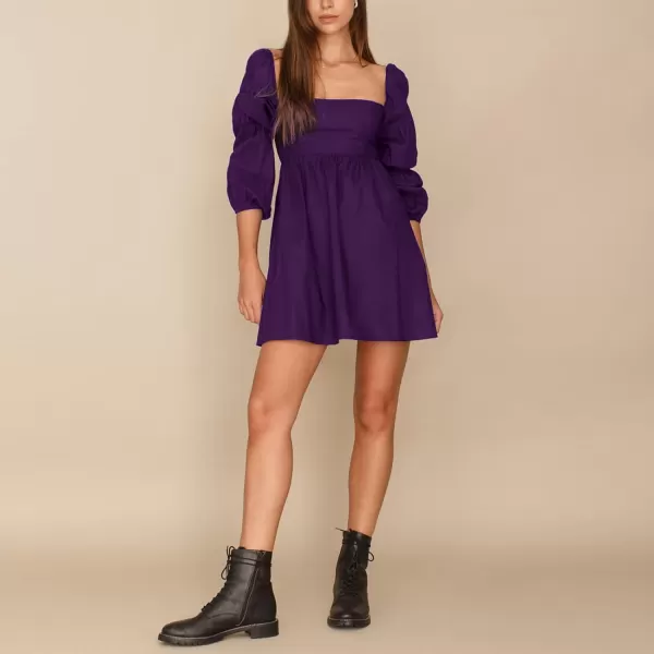 EXLURA Womens Square Neck Dress Long Puff Sleeve A-Line Casual Short Mini Dress