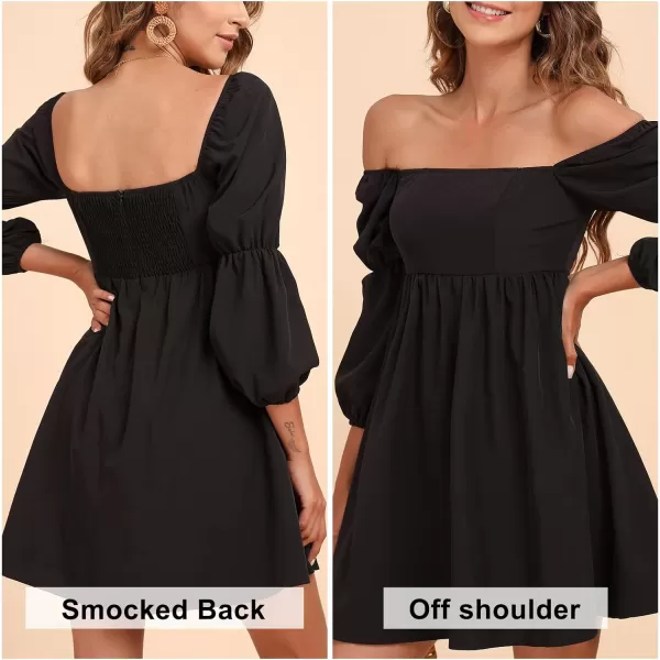 EXLURA Womens Square Neck Dress Long Puff Sleeve A-Line Casual Short Mini Dress