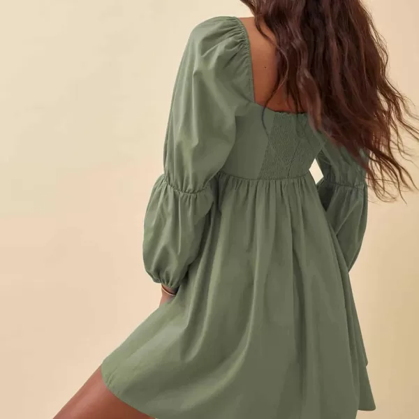EXLURA Womens Square Neck Dress Long Puff Sleeve A-Line Casual Short Mini Dress