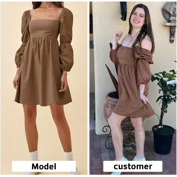 EXLURA Womens Square Neck Dress Long Puff Sleeve A-Line Casual Short Mini Dress
