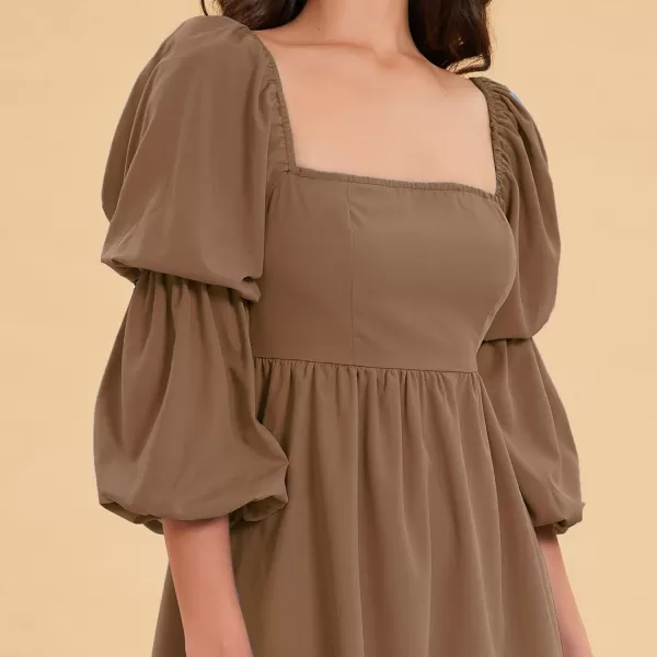 EXLURA Womens Square Neck Dress Long Puff Sleeve A-Line Casual Short Mini Dress