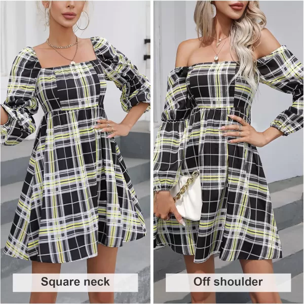 EXLURA Womens Square Neck Dress Long Puff Sleeve A-Line Casual Short Mini Dress