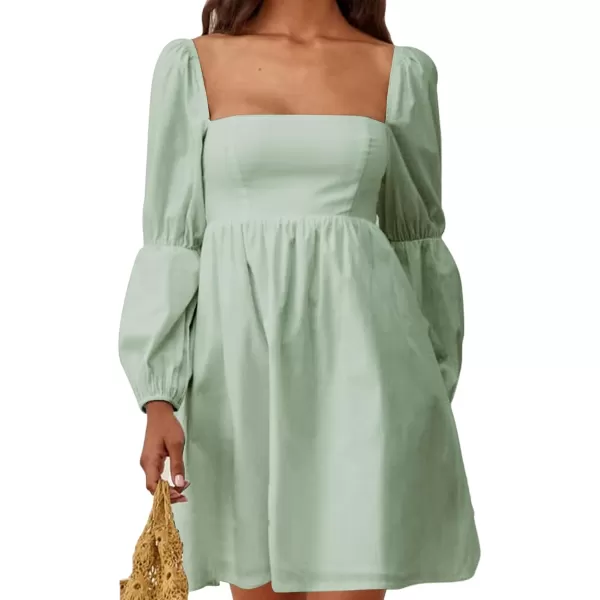 EXLURA Womens Square Neck Dress Long Puff Sleeve A-Line Casual Short Mini Dress