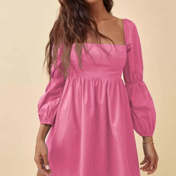 EXLURA Womens Square Neck Dress Long Puff Sleeve A-Line Casual Short Mini Dress