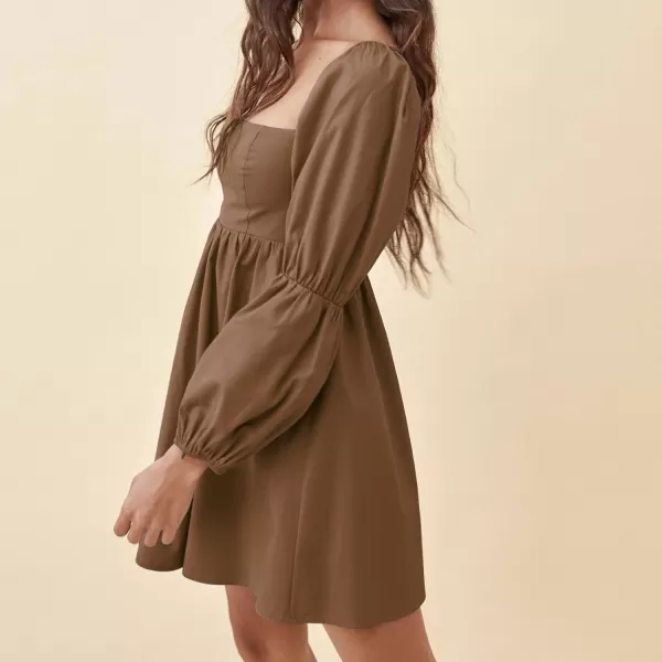 EXLURA Womens Square Neck Dress Long Puff Sleeve A-Line Casual Short Mini Dress