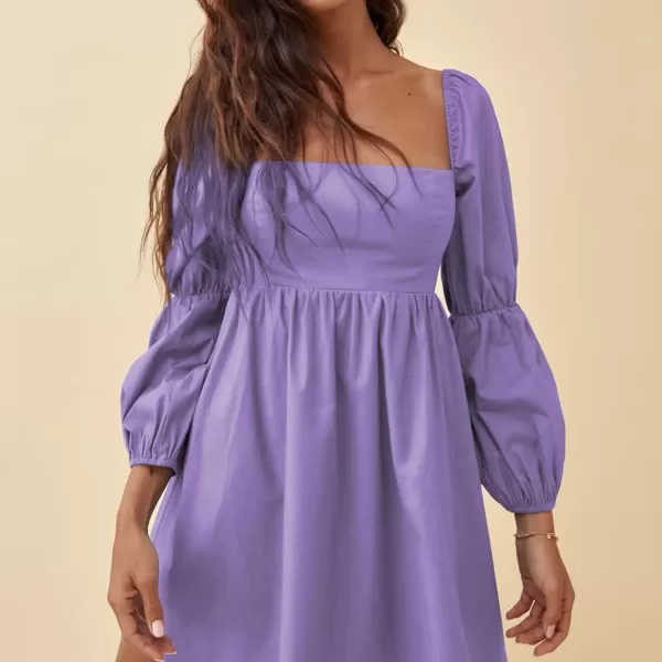 EXLURA Womens Square Neck Dress Long Puff Sleeve A-Line Casual Short Mini Dress