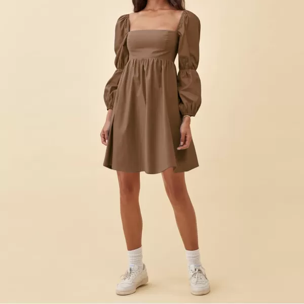 EXLURA Womens Square Neck Dress Long Puff Sleeve A-Line Casual Short Mini Dress