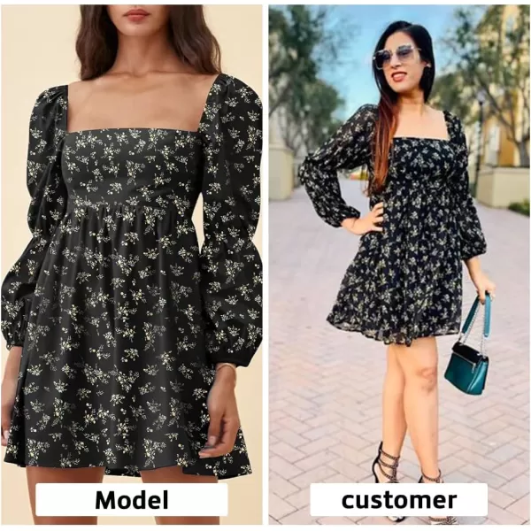 EXLURA Womens Square Neck Dress Long Puff Sleeve A-Line Casual Short Mini Dress