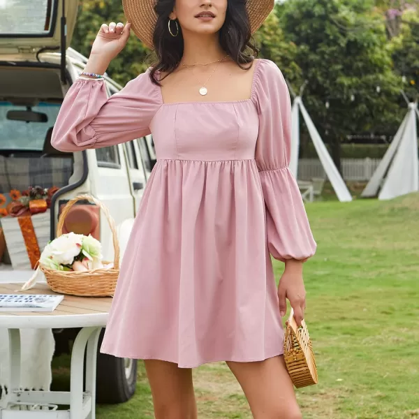 EXLURA Womens Square Neck Dress Long Puff Sleeve A-Line Casual Short Mini Dress