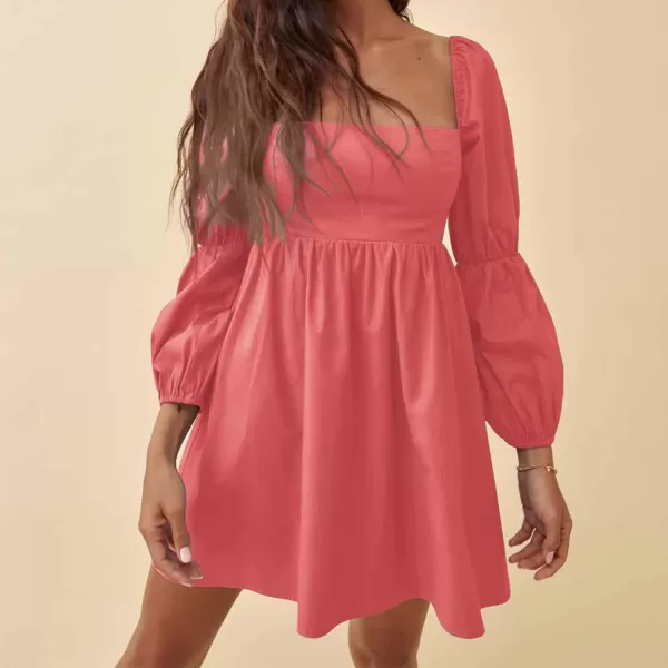 EXLURA Womens Square Neck Dress Long Puff Sleeve A-Line Casual Short Mini Dress