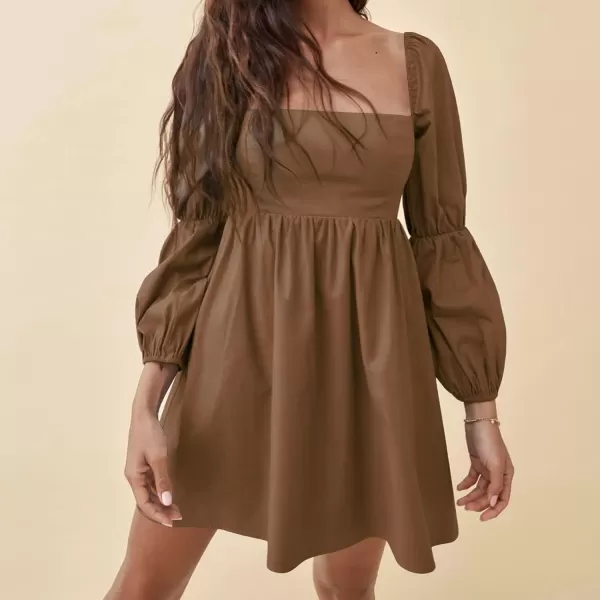 EXLURA Womens Square Neck Dress Long Puff Sleeve A-Line Casual Short Mini Dress