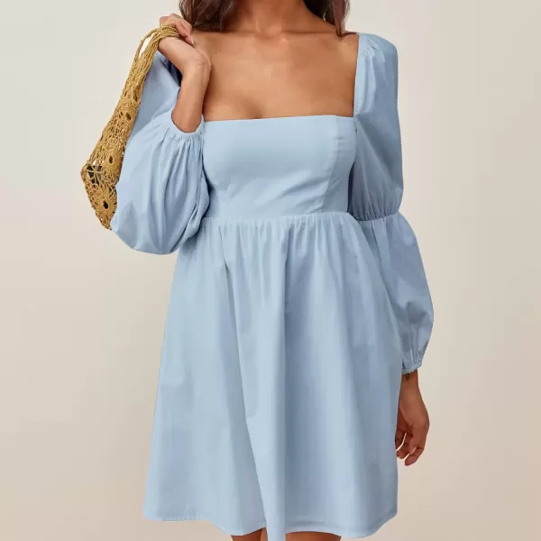 EXLURA Womens Square Neck Dress Long Puff Sleeve A-Line Casual Short Mini Dress