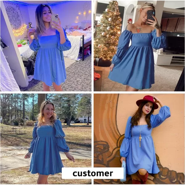 EXLURA Womens Square Neck Dress Long Puff Sleeve A-Line Casual Short Mini Dress