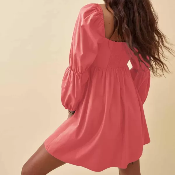 EXLURA Womens Square Neck Dress Long Puff Sleeve A-Line Casual Short Mini Dress