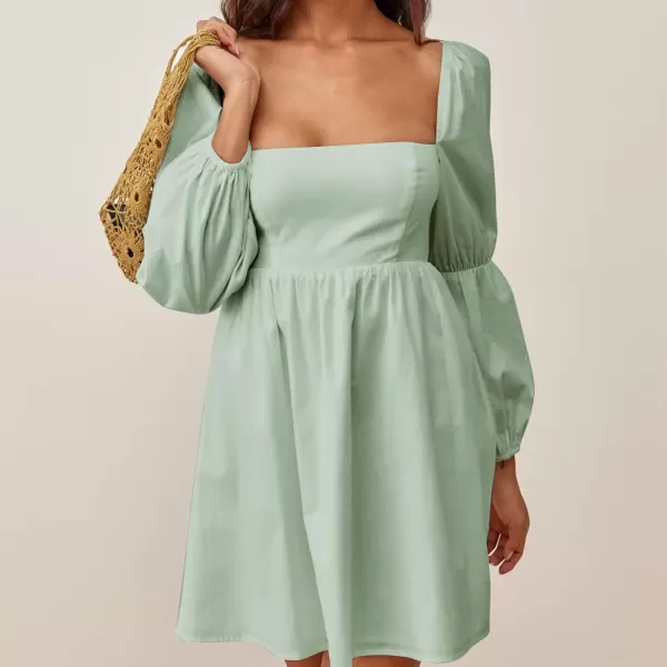EXLURA Womens Square Neck Dress Long Puff Sleeve A-Line Casual Short Mini Dress