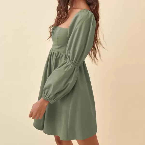 EXLURA Womens Square Neck Dress Long Puff Sleeve A-Line Casual Short Mini Dress