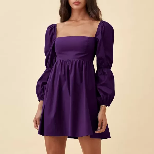 EXLURA Womens Square Neck Dress Long Puff Sleeve A-Line Casual Short Mini Dress