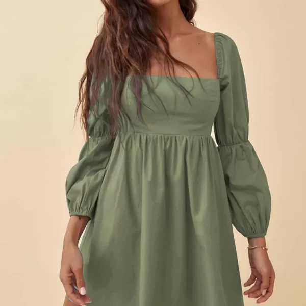 EXLURA Womens Square Neck Dress Long Puff Sleeve A-Line Casual Short Mini Dress