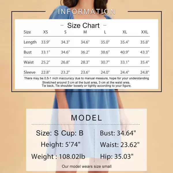 EXLURA Womens Square Neck Dress Long Puff Sleeve A-Line Casual Short Mini Dress