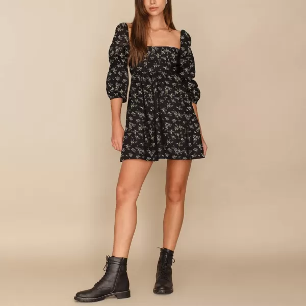 EXLURA Womens Square Neck Dress Long Puff Sleeve A-Line Casual Short Mini Dress