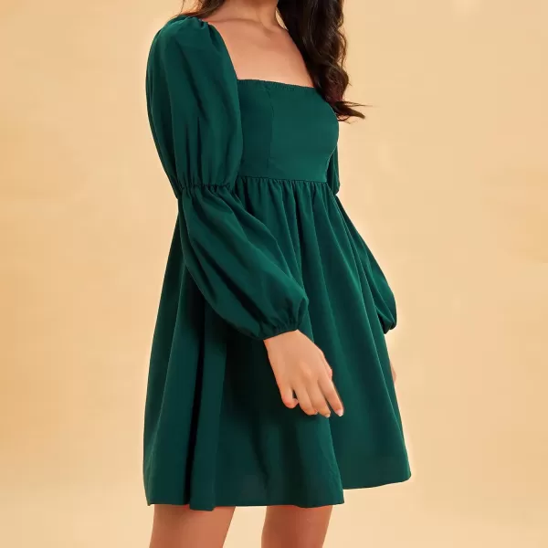 EXLURA Womens Square Neck Dress Long Puff Sleeve A-Line Casual Short Mini Dress