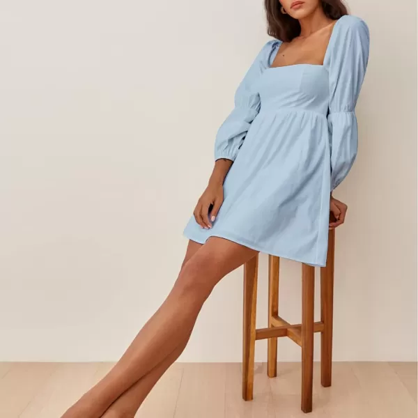 EXLURA Womens Square Neck Dress Long Puff Sleeve A-Line Casual Short Mini Dress