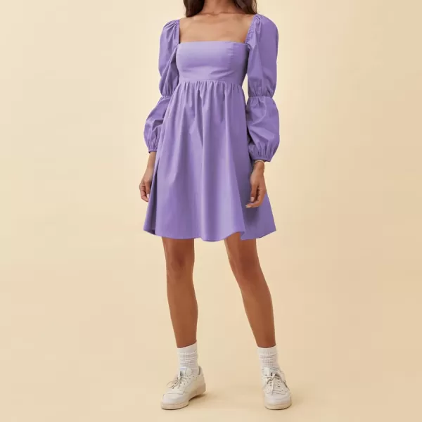 EXLURA Womens Square Neck Dress Long Puff Sleeve A-Line Casual Short Mini Dress